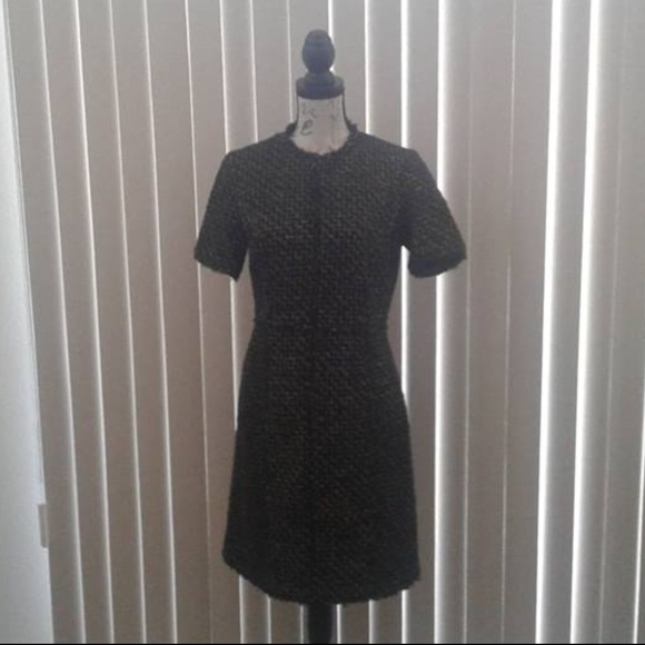 Metallic Tweed Raw-Edge Trim A-Line Dress, Blk&Gld - Picture 3 of 7